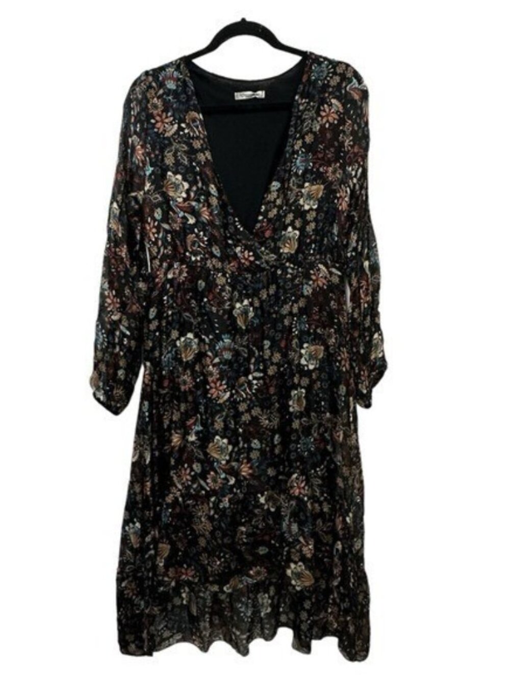 Elena Baldi Silk Blend Midi Dress L Dark Floral Boho Long Sleeve Cottagecore